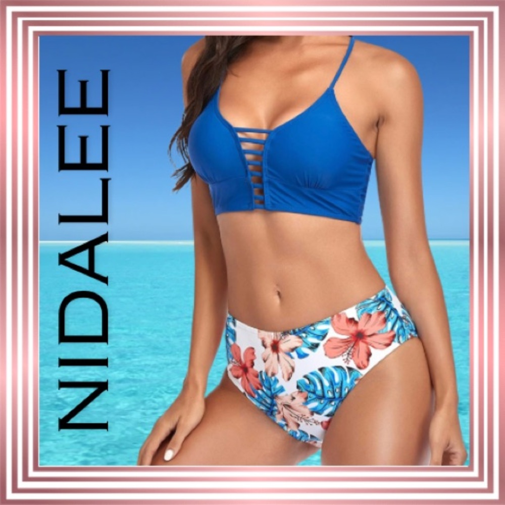 NIDALEE Blue Strappy Bikini Top & White Tropical Bottom Set